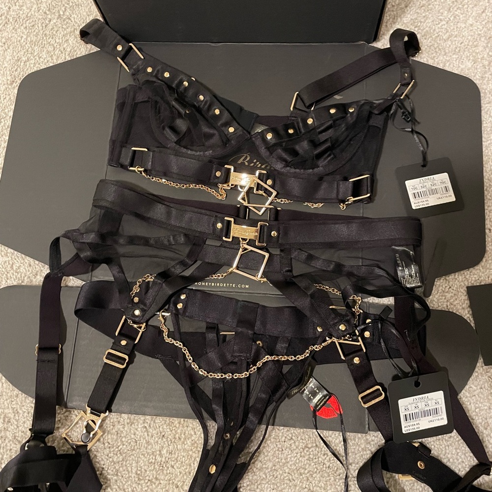 Black Strappy Lingerie Indria Honey Birdette Bondage Set with Gold Accents